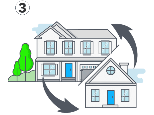A drawing of two houses with the number 3 on each.